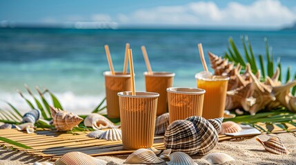 Fototapeta premium A beach picnic setup with bamboo paper cups filled with tropical drinks, a bamboo mat, seashells, and a view of the ocean in the background