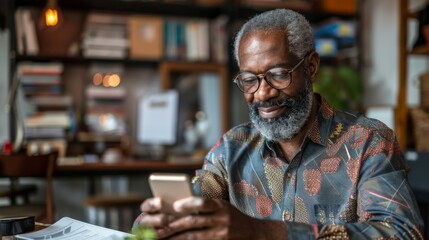 Obraz premium Man using smartphone in stylish library setting