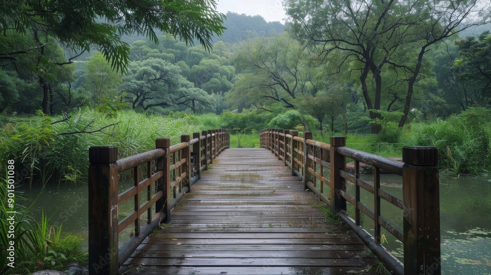 Wall mural Wooden Bridge in Lush Forest Landscape