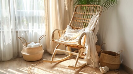 A cozy nursery corner with a basket of bamboo baby diapers, a wooden rocking chair with a soft throw, and eco-friendly baby accessories neatly arranged