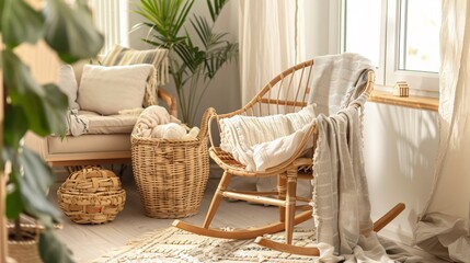 A cozy nursery corner with a basket of bamboo baby diapers, a wooden rocking chair with a soft throw, and eco-friendly baby accessories neatly arranged