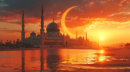 Fototapeta premium Islamic background with lantern, crescent, mosque and cloud