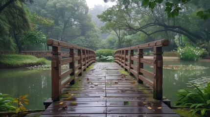 Fototapeta premium Wooden Bridge in Rainy Garden