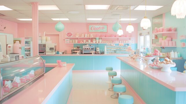 A cute and colorful vintage ice cream parlor with a pink and turquoise color scheme, featuring 1950s-style decor, pastel walls, and retro ice cream counters. 