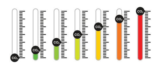 A set of vertical colored scales to indicate or measure carbon dioxide or co2 emissions.