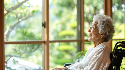 窓辺の車椅子の笑顔の高齢女性