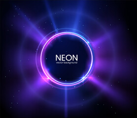 Bright neon frame. Vector circle with star background.