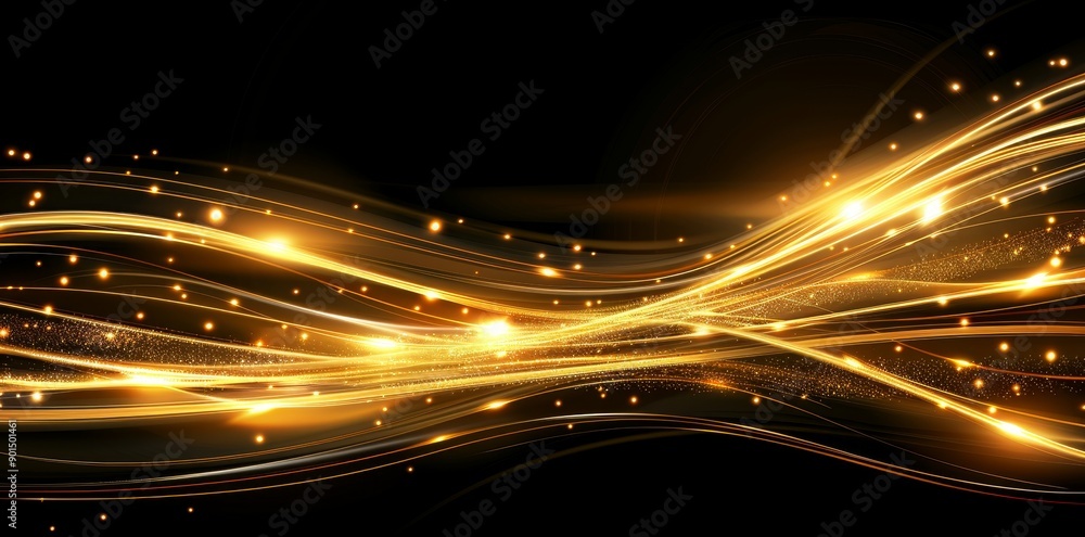 Poster isolated golden dynamic lights linze effect on black background. abstract background for science, fu