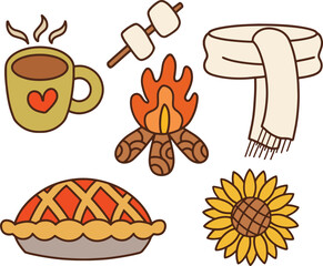 Set of autumn food with hot choco and marshmallow. Hand-drawn style