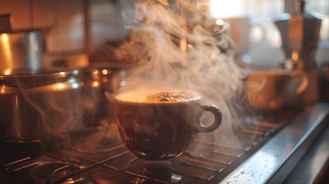 Steamy Coffee Cup on Stove