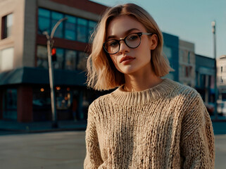 A model in oversized glasses, wearing a comfortable yet professional knit sweater.