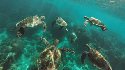 Fototapeta premium Six Sea Turtles Swimming Underwater in Crystal Clear Ocean