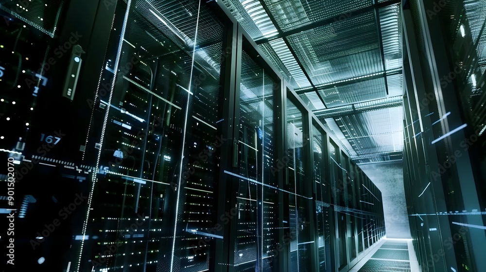 Aufkleber high-angle view of advanced server room with networked digital infrastructure