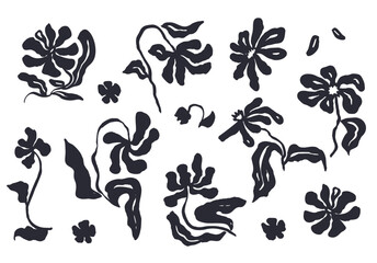 Ink wash abstract flowers sketches set isolated on white. Black silhouettes of doodle florals bundle. Minimalist botanical clip art