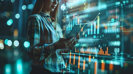 Business Analyst Reviewing Big Data Reports on Tablet at Workspace