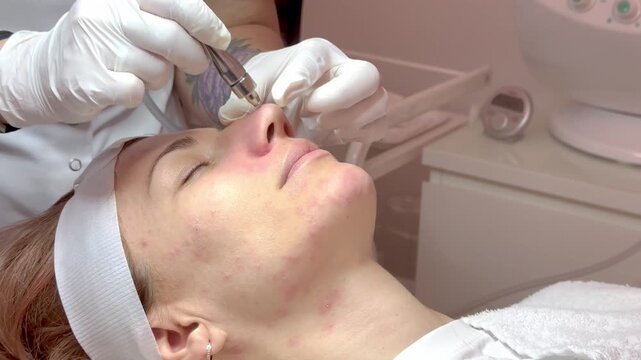 A woman undergoes a microdermabrasion procedure while lying down in a cosmetologist's office
