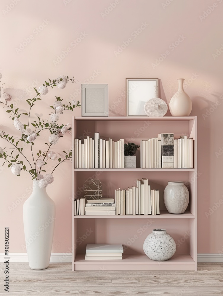 Poster A shelf unit displays neatly arranged books, vases, and photo frames, complementing the soft pastel wall in a stylish and inviting space. Generative AI