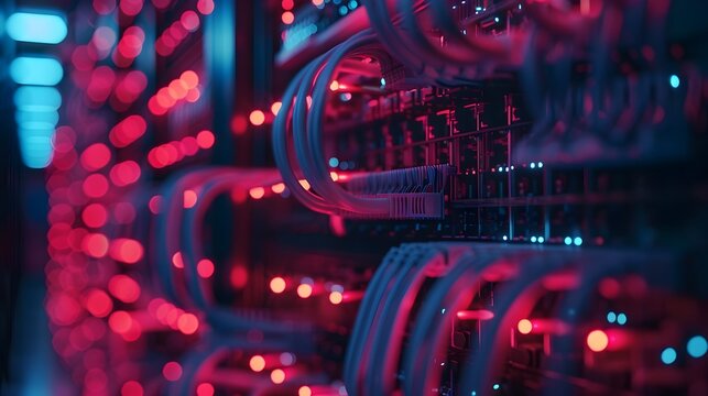 Intricate Fiber Optic Connections in a High-Speed Data Server Room