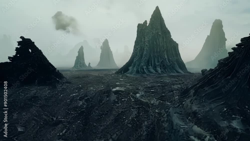 Poster surreal landscape of ash fields and twisted rock formations as if frozen in time after a catastrophi