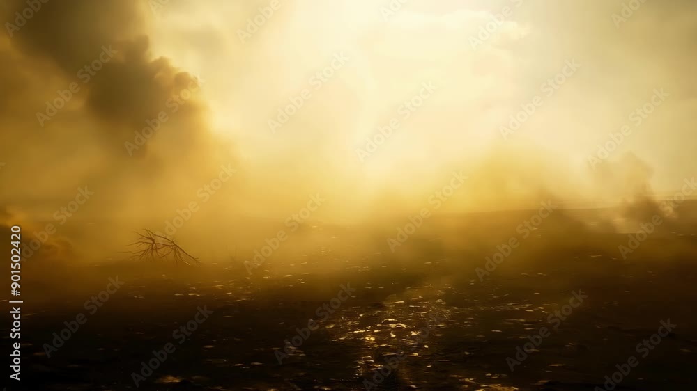 Poster sunlight breaking through the dark clouds of ash casting a golden glow over the desolate terrain.