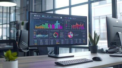 Fototapeta premium Data Visualization Dashboard Displayed on a Large Monitor in a Modern Office Setting