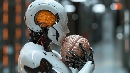 Sleek robot with exposed brain holding a human brain. Integration of human intelligence and robotics