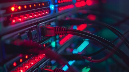 Close-up view of a network switch device with blinking LED indicator lights for data routing and