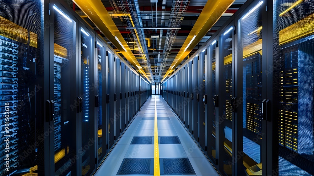 Aufkleber expansive data center hallway with rows of servers and cooling units,advanced big data