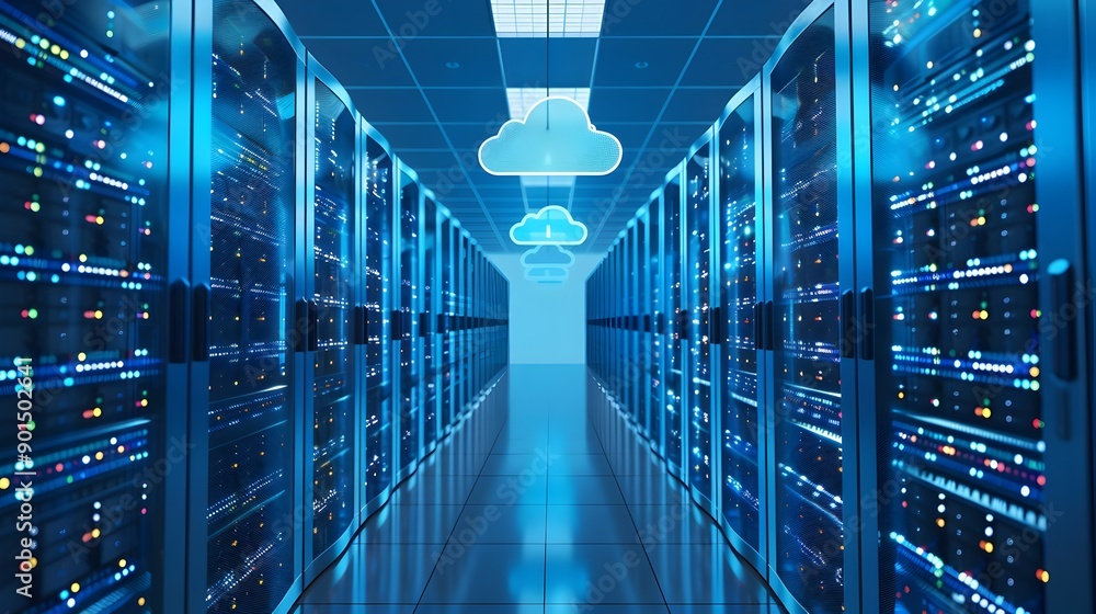 Aufkleber futuristic of a data center with servers and cloud icons for big data platform