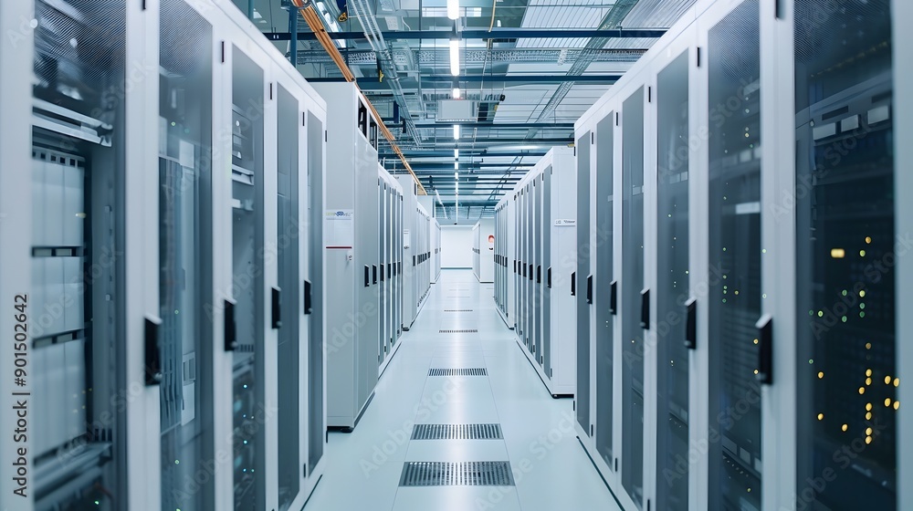 Poster rows of servers and cooling units in a data center hallway with advanced facilities