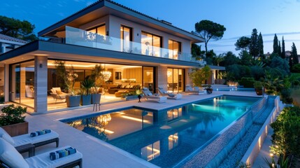 Fototapeta premium Modern Luxury Villa with Pool at Dusk