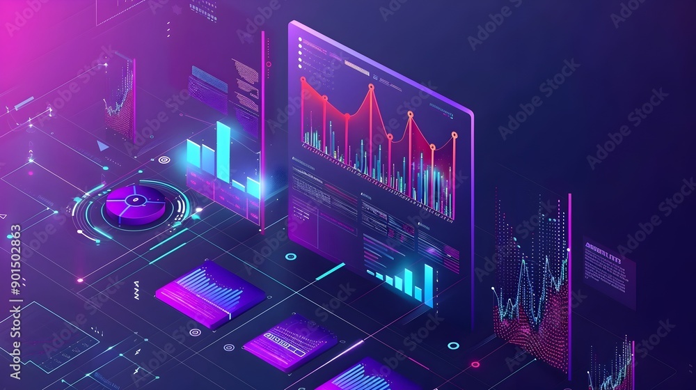 Poster detailed data visualization with graphs and charts on computer screen for big data analytics