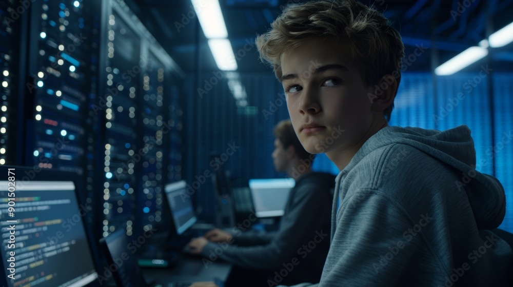 Poster in the background, the technical room of a data center has professional working facilities and it sp