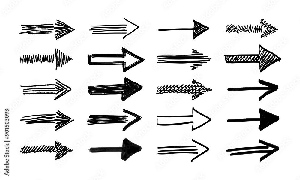 Poster twenty hand drawn arrows of various shapes, types and textures. doodles and squiggles. vector set