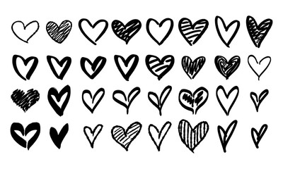 Thirty-two handwritten hearts of different shapes and contents. Doodles and squiggles. Vector set