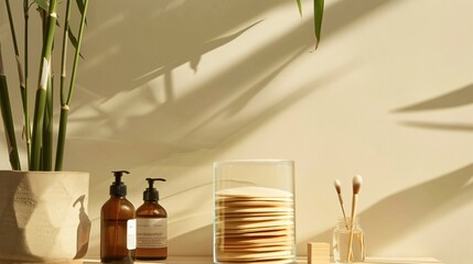 A minimalist vanity setup with bamboo makeup remover pads stacked neatly in a glass jar, alongside natural skincare products and a bamboo plant for a touch of greenery
