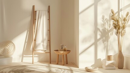 A minimalist vanity area with a bamboo bath towel draped over a wooden towel ladder, surrounded by minimal accessories like a soap dish and a small vase