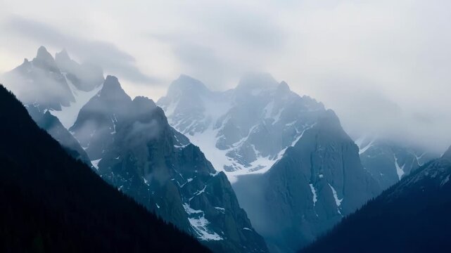 Hazy clouds rolling over the snowdusted mountains adding an air of mystery to the scene.