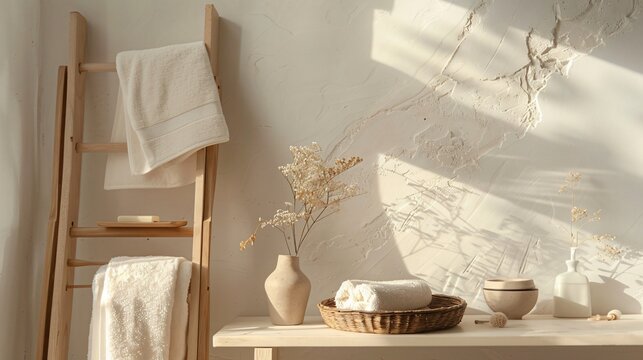 A minimalist vanity area with a bamboo bath towel draped over a wooden towel ladder, surrounded by minimal accessories like a soap dish and a small vase