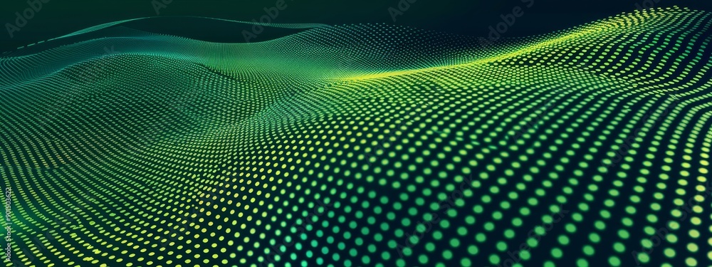 Poster an abstract halftone background with green dots and wavy lines is presented here