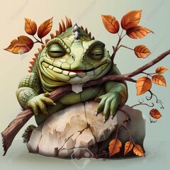 Funny Cartoon Lizard Sitting on a Rock with a Branch