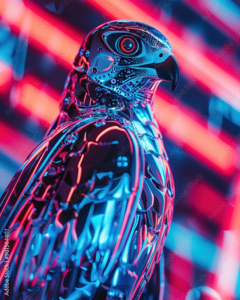 Poster futuristic robotic bird with neon lights and metallic details, representing advanced technology and 