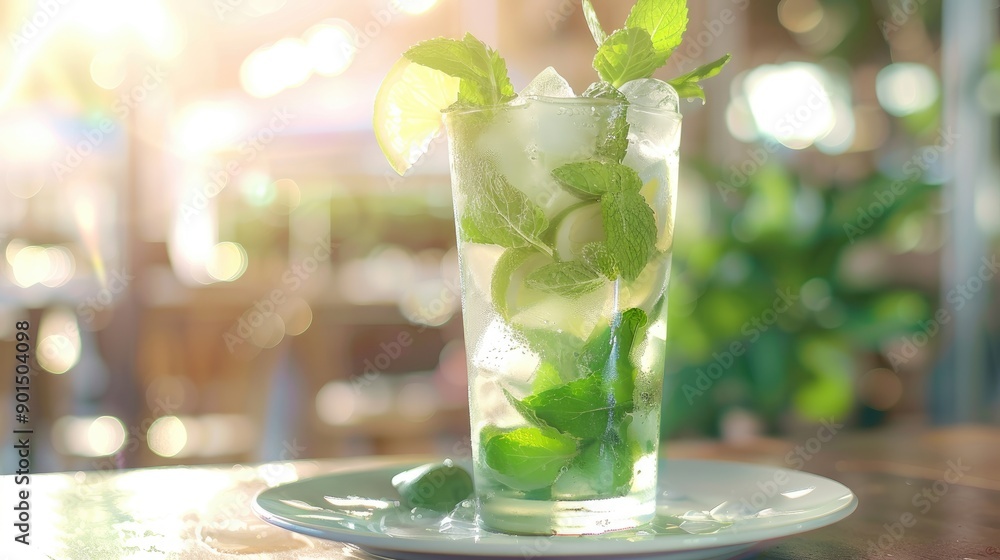 Wall mural summer drink concept mojito cocktail served on a white plate