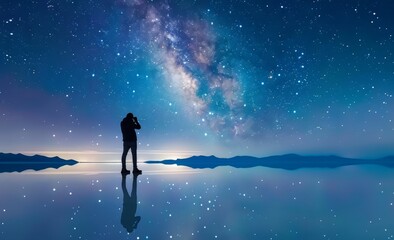 Obraz premium Long exposure photo of an anonymous photographer with a camera standing under a glowing night sky with glowing stars