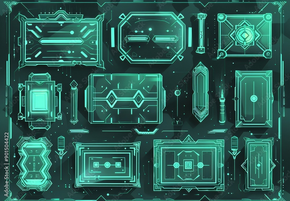 Poster a futuristic user interface design for user apps or games and callout titles. neon colored modern el