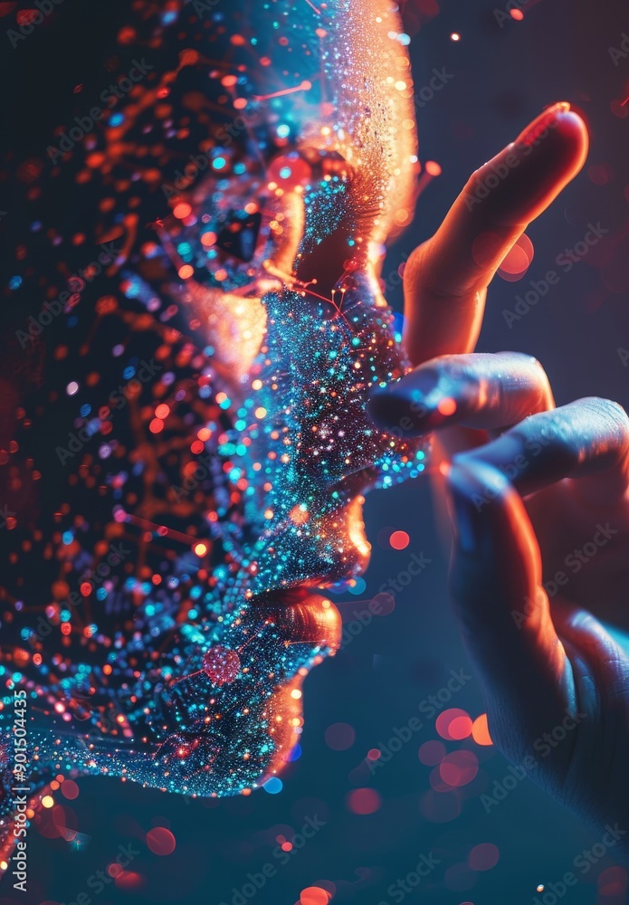Poster a 3d rendering of a man's hand using holographic projection from a digital stock image
