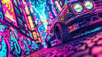 Vibrant neon street art and classic car in a cityscape, showcasing urban culture and graffiti under bright lights.