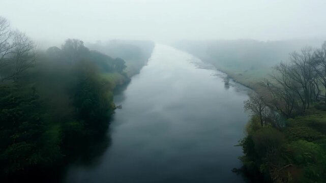 The riverbanks are muffled and muted by the heavy fog giving a sense of isolation and solitude from a low flying perspective.