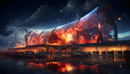 3D rendering of a stadium at night with lights and smoke.