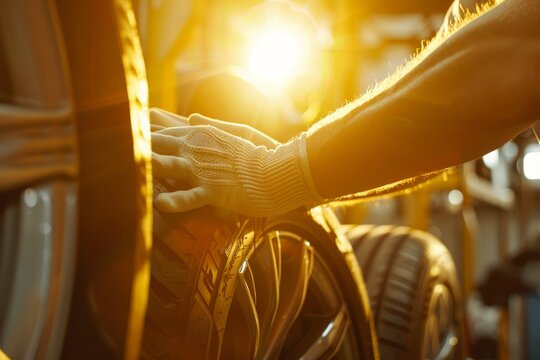 Asian tire changer checking the condition of new tires in stock at a service center or auto repair shop for replacement. Tire warehouse.